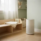 Compact Winix air purifier in a softly lit nursery corner