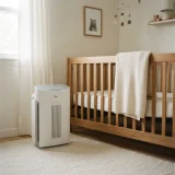 A Winix air purifier standing on the floor beside a crib in a softly lit nursery