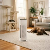 Winix AM90 air purifier on a rug near a cat tree and a resting dog in a family living room