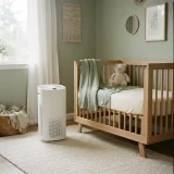 asset_64b696bd3a87d7f8 Winix C610 air purifier beside a crib in a softly lit nursery