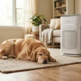 asset_64c37832292cbba3 Golden retriever resting on a living room rug near a Winix air purifier fitted with a Filter Z canister