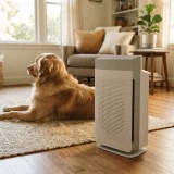 asset_652d6f03e9069c70 Winix T810 standing near a golden retriever resting on a rug in a living room.
