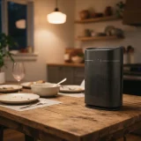 A Winix A230 air purifier on a dining table edge after a meal with plates blurred nearby