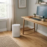A Winix C610 air purifier running beside a desk and monitor in a tidy home office