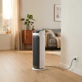 asset_67fc94ef1af8585b Winix D480 air purifier plugged into a wall outlet in a small apartment living area
