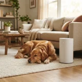 Living room corner with a dog resting near a couch and an air purifier on the rug