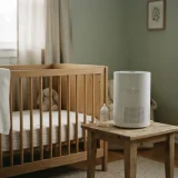 asset_6abeafa296ef248c Winix T500 air purifier beside a crib in a softly lit nursery with dimmed indicator light