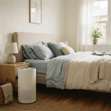 A compact air purifier running beside a neatly made bed in a softly lit bedroom