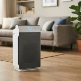 Winix 5520 air purifier with its three-color air quality indicator lit in a living room