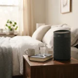 A Winix A230 air purifier on a nightstand next to a book and glass of water in a tidy bedroom