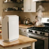 asset_79118329a2b62e54 Winix C610 air purifier near a stove with a pan releasing steam in a home kitchen
