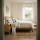 Sunlit bedroom with curtains open and an air purifier running beside the bed