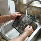 asset_7bf2968ee3035cc8 An adult's hands rinsing the Winix C535 fine mesh pre-filter under a running kitchen tap