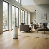 asset_7c5906e83c6260d2 An air purifier running in a large open living room with sofas and daylight behind.