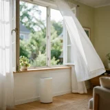 asset_800e2ded18b9c17f An open window with sunlight and drifting pollen beside a running Winix air purifier
