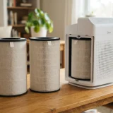 asset_829d0114e254ea0f Two Winix C610 All-in-One replacement filters standing beside the air purifier on a wooden table