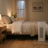 Winix Zero air purifier running beside a neatly made bed in a dark bedroom at night