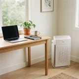 asset_858d9f29764646b1 Winix C909 air purifier beside a home office desk with a laptop and a plant