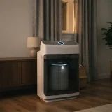 asset_874724df9d5cec32 Winix air purifier with a Filter Z canister running beside a curtained closed window in a dim living room