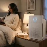 asset_87a816dec6ef3734 Winix T810 on a nightstand glowing while an adult reads on the bed nearby.