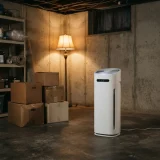 asset_8b8b7680ec4b79de Winix C535 air purifier running in a closed basement spare room with stacked boxes
