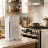 asset_8eb5e1b54c6b4b19 Winix C610 air purifier on a kitchen counter while steam rises from a pan on the stove