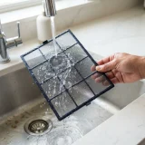 asset_8eef62830716b72c Adult hand rinsing the washable pre-filter of the Winix C535 under a kitchen tap