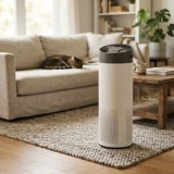 asset_98b9ce9dcad38cb2 Winix D480 air purifier on a living room rug with a cat resting on a sofa in the background