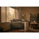 An air purifier running inside a living room with hazy orange daylight filtering through the windows