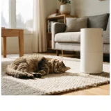 A cat resting on a rug near a white air purifier in a sunlit living room.