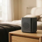 Charcoal gray Winix A230 air purifier on a bedroom nightstand beside a lamp in soft morning light