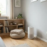 asset_a644d2557d940be7 Compact air purifier in a small apartment corner beside a bookshelf