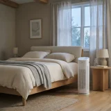 Winix Zero air purifier running beside a bed in a calm master bedroom at dawn