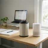 Compact filter cartridge and a small purifier on a desk in a bright home office