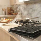 asset_ac312afb19b43315 Black carbon filter layer in the foreground with cooking steam rising from a bright kitchen stove
