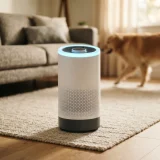 asset_ad851d97565150e1 Winix D480 air purifier running on a living room floor while a dog walks past in soft background blur