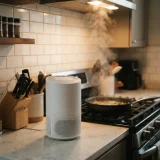 A white air purifier on a kitchen counter with steam rising from a pan on the stove behind it.
