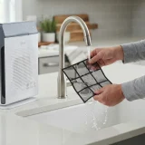 Rinsing the washable fine mesh pre-filter of a Winix 5520 air purifier under a kitchen tap