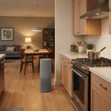 asset_b63d390f620e9a29 Grey tower air purifier standing between an open kitchen counter and a living room seating area