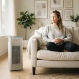 A woman resting comfortably on a pale sofa in a bright living room with a Winix 5300-2 air purifier running beside her