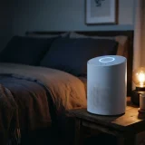 asset_bbec142ae1d7e73c Winix T500 air purifier running in a bedroom next to a bed at night with the air quality light glowing