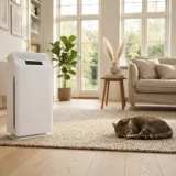 Winix Zero air purifier in a living room with a cat resting on a rug nearby