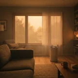 Air purifier running inside a living room with hazy orange daylight through the window