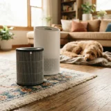 Air purifier and filter on a living room floor near a dog resting on a rug