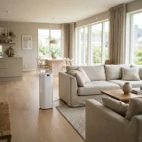 A tall air purifier running in a large open living room with sofas and a dining table behind