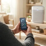 asset_c7cae73b7576c597 Hands holding a smartphone showing an air quality dashboard with the Winix T810 on a shelf behind.
