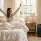 Woman waking refreshed in a sunlit bedroom with the Winix 5500-2 running beside the bed