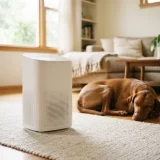 asset_c9f5bf85c87e6213 Winix T500 air purifier in a sunny living room with a dog resting on the floor nearby