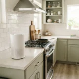 asset_cbae83b6ac29dc2e A kitchen counter with a plain white air purifier positioned near the stove