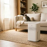 asset_cbc1f8507332d665 Winix T500 air purifier in a living room with a cat sitting on a sofa in the background